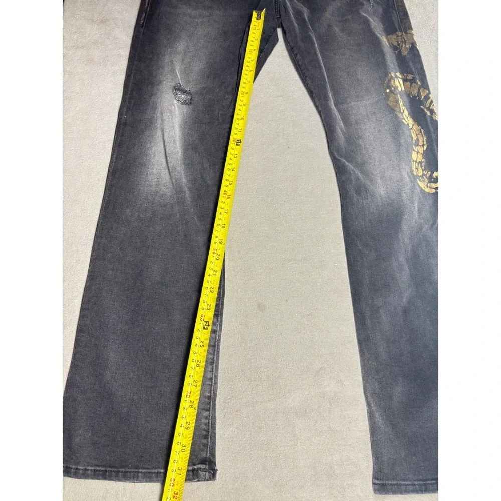 True Religion Ricky W Flap Straight Jeans Black Gold Snake Distressed Mens 38